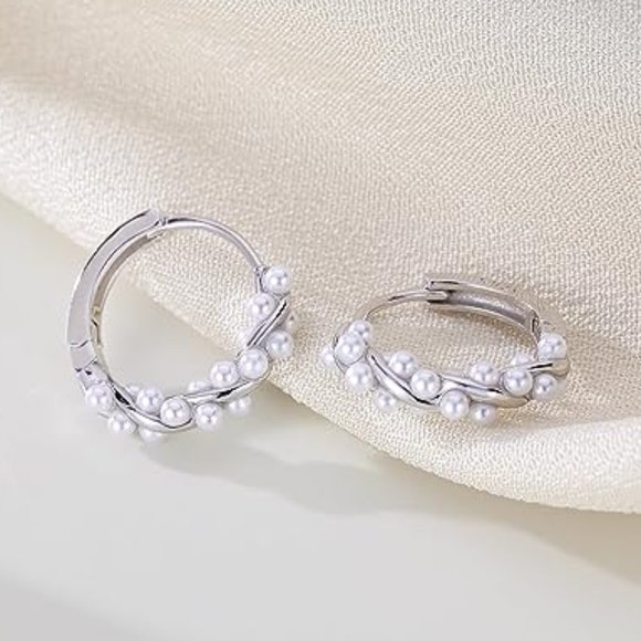 Gold Pearl Twisted Vines Hoops Pretty Wedding Little Mini Hoop Earrings Pearls - Picture 11 of 12